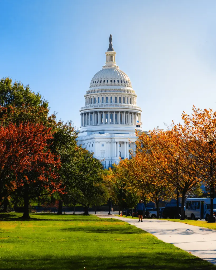 Fachada imponente do Capitólio dos Estados Unidos em Washington, D.C., emoldurada por árvores com folhas de outono em tons de amarelo e laranja sob um céu azul.